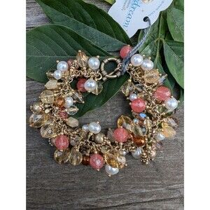 Vintage 22K Gold Vermeil Gemstone & Pearl Bracelet - Peach Chalcedony, Citrine